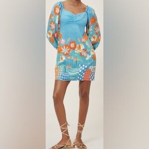 Farm Rio/Anthropologie Blue Botanical Linen Mini Dress/Long Puff Sleeves Size S
